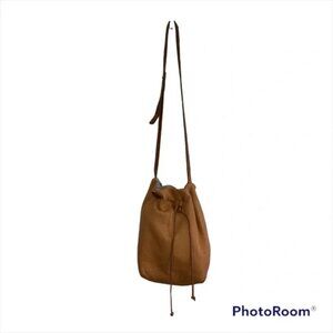 Umbrella Collective Tan Pebbled Leather Drawstring Bucket Bag Purse